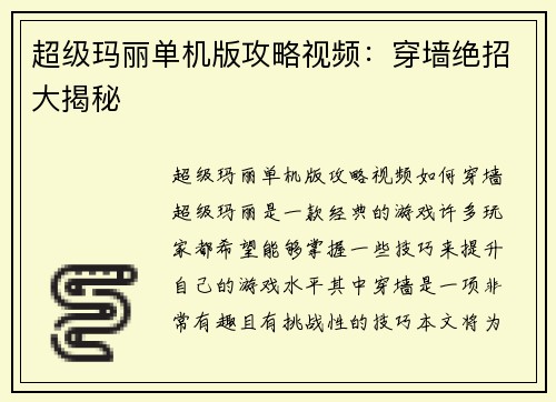 超级玛丽单机版攻略视频：穿墙绝招大揭秘